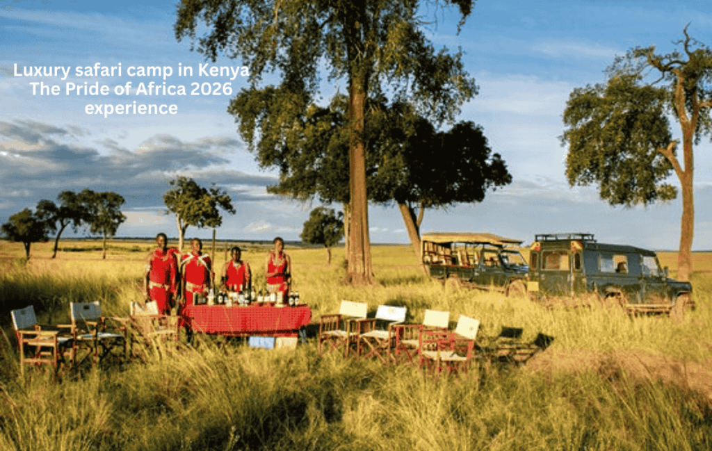 Safari jeep spotting lions in Masai Mara he Pride of Africa 2026 1 Luxury safari camp in Kenya – The Pride of Africa 2026 experience