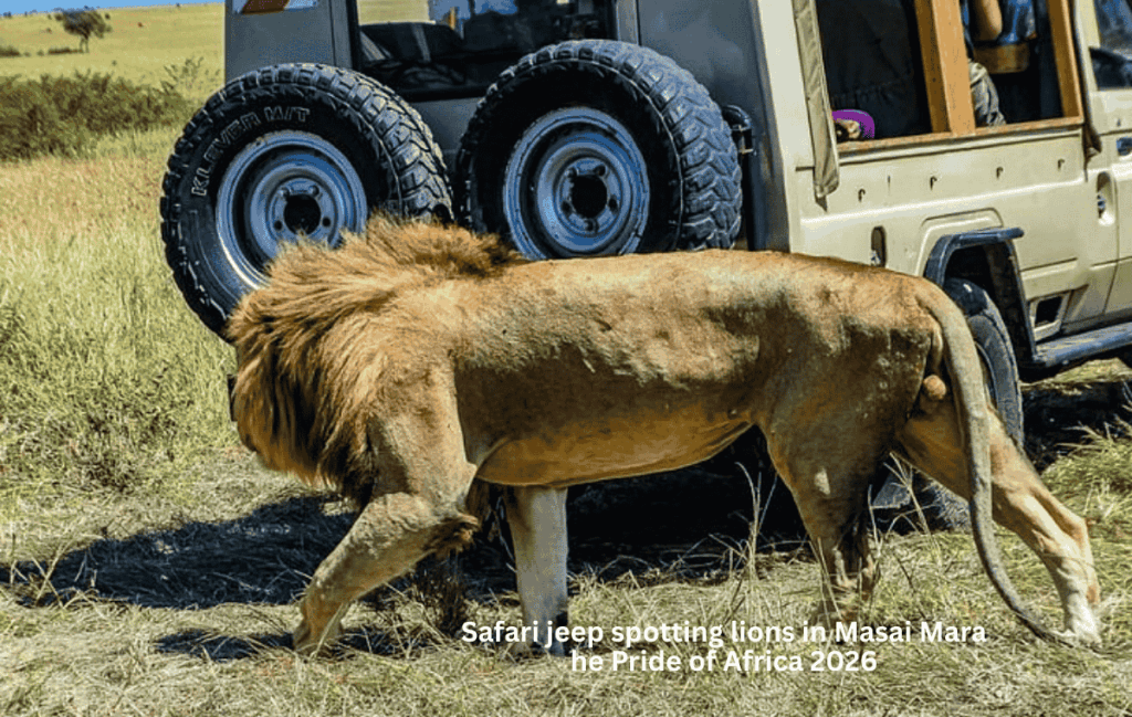 Safari jeep spotting lions in Masai Mara he Pride of Africa 2026 Safari jeep spotting lions in Masai Mara – The Pride of Africa 2026
